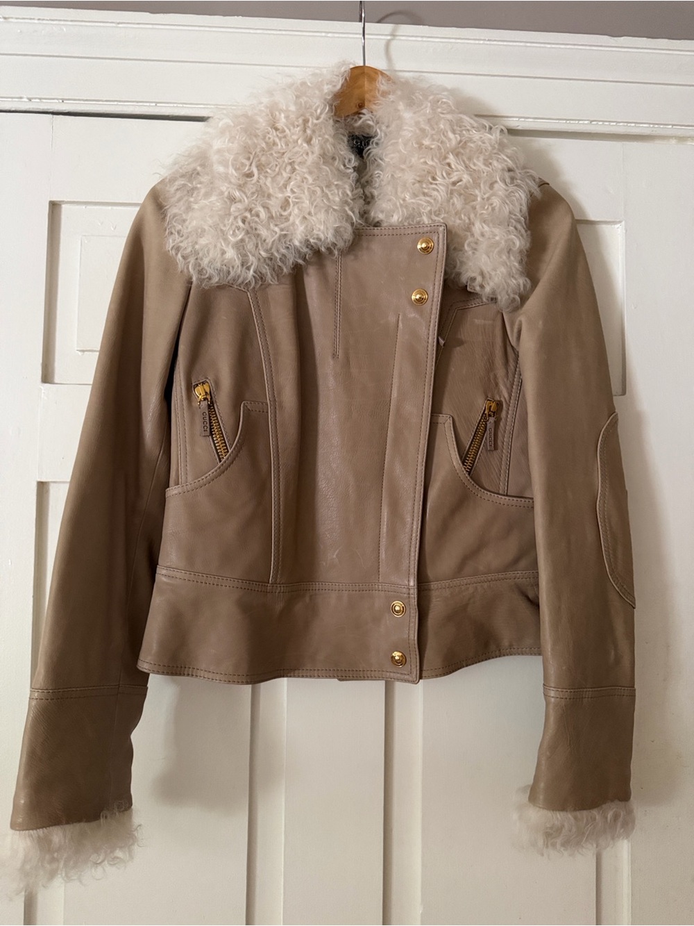 Gucci Taupe Leather Jacket with Cream Shearling Collar